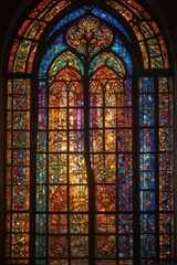Arched stained glass window, vibrant hues, light streams through , intricate, arch