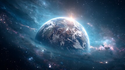 A vibrant planet Earth rises in the cosmos view