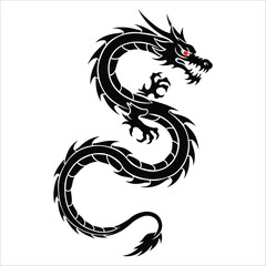 Black tribal-style dragon illustration with a sinuous, coiled body. It features sharp, jagged spines along its back, fierce facial expression