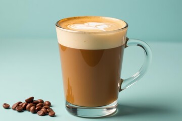 Cappuccino in clear glass, rich crema, artfully poured, simple, elegant, smooth