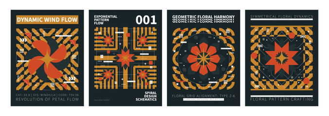 Geometric Floral Harmony: A collection of stylized geometric posters showcases a vibrant interplay of abstract floral designs, patterns, and bold typography, celebrating artistic vision.