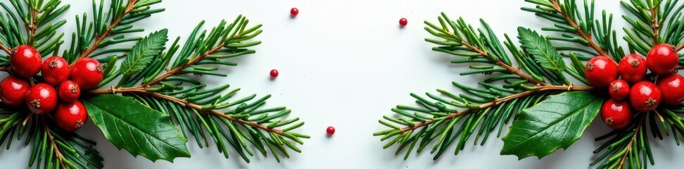 Obraz premium Classic Christmas holly berry and pine bough garland , rustic, festive, design element