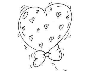 Lovely heart balloon with scattered tiny hearts, ribbon bow in hand-drawn black, white cartoon style. Romantic printables, Valentine&rsquo;s Day cards, love stickers, greeting cards, children coloring