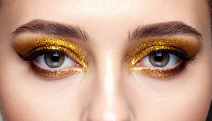 Obraz premium Glamorous Makeup Close-Up with Gold Glitter and Stunning Eyes