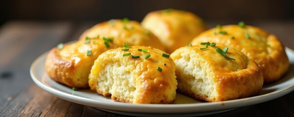 Golden-brown cheesy scones studded with chives , aromatic, detail