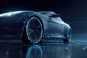 Futuristic Blue Sports Car With Glowing Network Lines, Dark Background