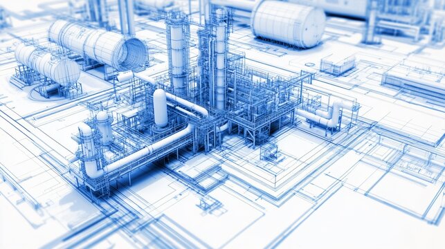 An industrial plant floor plan overprinted with construction blueprints and dynamic build sketch of process piping supports and equipment foundations