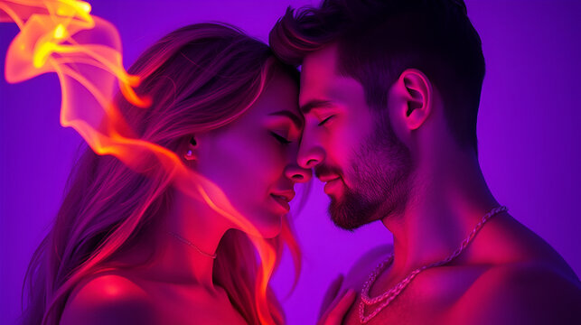 A man and a woman in the ultraviolet light caress each other. Fire and ice, two hypostases.