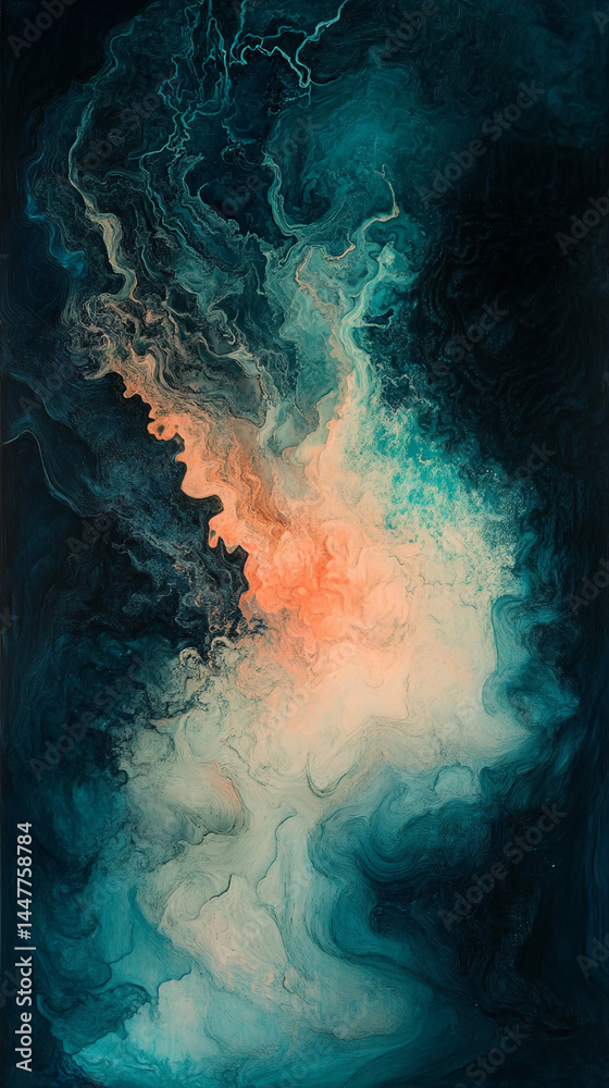 Aufkleber Abstract teal and peach paint swirls, creating a dynamic and fluid image, showcasing a blend of colors and textures, ideal for artistic or design concepts