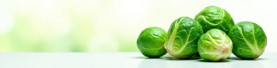Fototapeta premium Vibrant green Brussels sprouts, pristine white background , minimalism, green, macro
