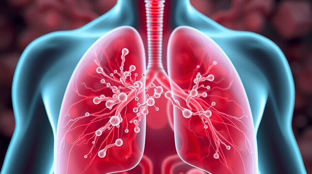 Pneumococcal pneumonia, medical concept. 3D illustration showing bacteria Streptococcus pneumoniae in human lungs