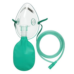 Essential medical oxygen mask with reservoir bag and connected breathing tube for respiratory care assistance.