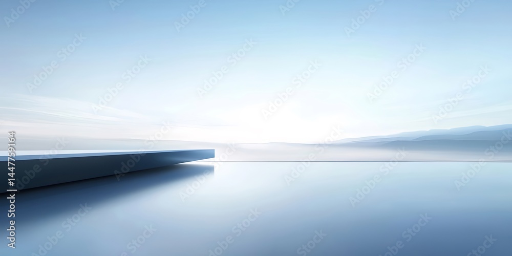 Poster 青色の抽象的な風景 階段状の構造と穏やかな水面の現代的なデザインの背景