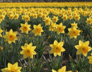 Fototapeta premium Sunlit field of vibrant yellow daffodils in full bloom , spring, garden