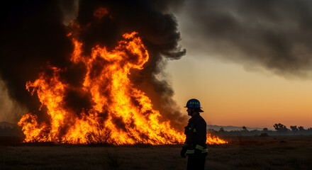 Obraz premium Firefighter Stands Guard Near Large Flames in Field Against Dramatic Sky at Sunset