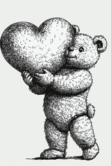 A cute teddy bear holding a heart, drawn in a sketch style.