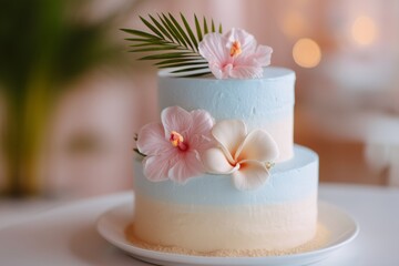 Fototapeta premium Tropical Wedding Cake with Hibiscus and Plumeria Flowers