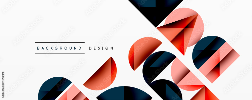 Poster abstract geometric shapes overlap, creating dynamic visual effect. pink, navy, red elements contrast