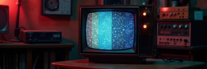 Vintage TV screen with static noise and old CRT glow, surrounded by antique electronics , classic tech, electronic device, vintage TV