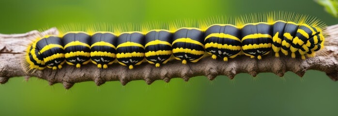 Fototapeta premium Striped yellow and black caterpillar, white dots, inching along a slender branch , wildlife, close-up, yellow
