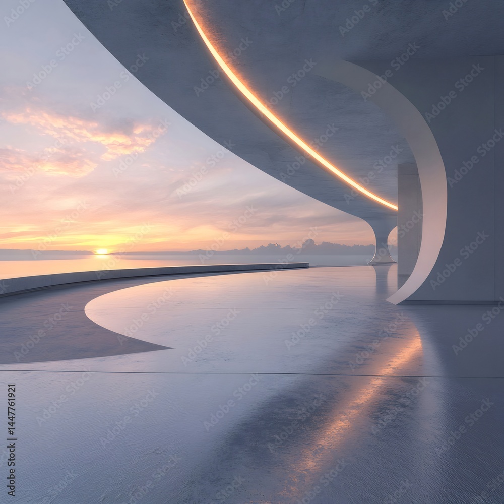 Aufkleber 夕焼け時の未来的な建造物の海辺の風景 オレンジ色の光が水面に反射し美しい空