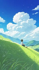 Fototapeta premium A lone figure sits on a grassy hillside under a bright blue sky with fluffy clouds.