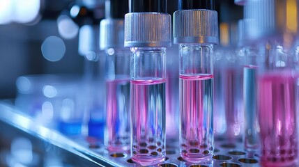 Rows of Glass Test Tubes Filled with Pink and Transparent Liquids in a Lab Under Blue Light