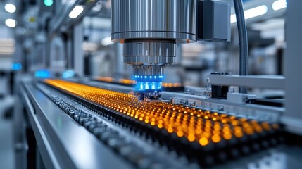 Automated machinery processes small components on a conveyor belt in a factory setting.