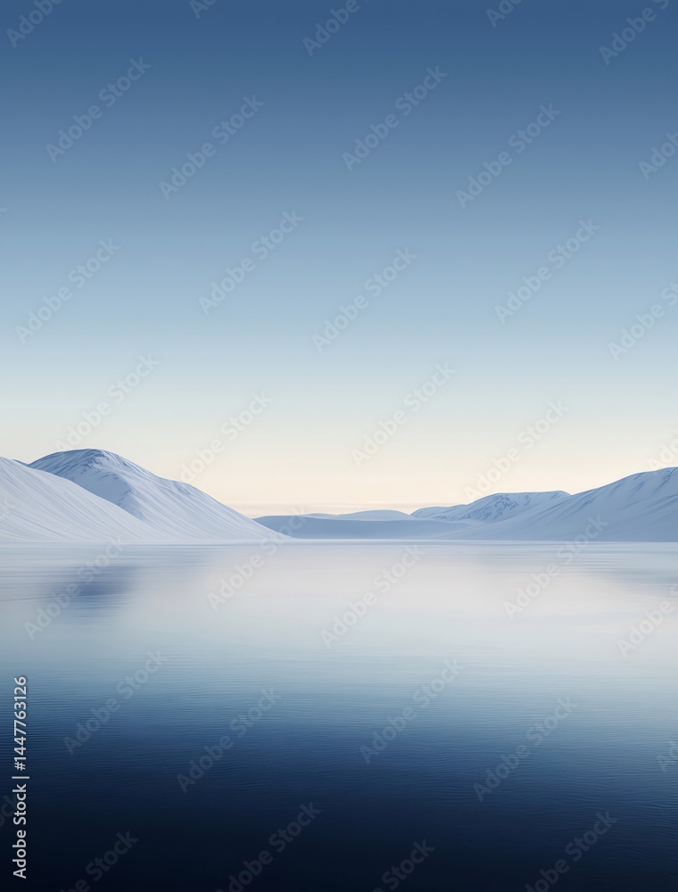 Poster 雪山と湖の静寂な風景 青い空と氷のような湖面の反射 冬の静けさと澄み切った空気のパノラマ