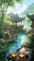 Obraz premium Traditional Chinese Garden with Tea Table and Pagodas