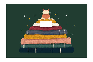 Cozy illustration of a cat atop a stack of sweaters.