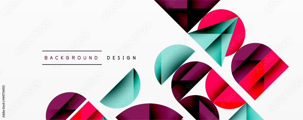 Poster abstract geometric shapes overlap, creating dynamic visual effect. pink, teal, purple hues dominate 