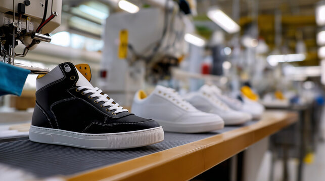 Sneakers Being Stitched on a Footwear Production Line