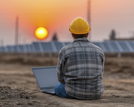 Evening solar panel inspection, engineer uses laptop for data review - infrastructure graph computer