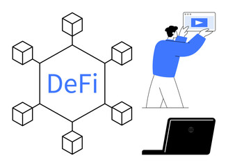 Blockchain with DeFi text, schematic nodes, person holding tablet with video, and laptop. Ideal for finance, blockchain, DeFi, cryptocurrency, education technology simple landing page