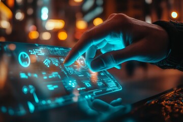 close-up of a hand using a smartphone with a futuristic holographic interface in a modern setting