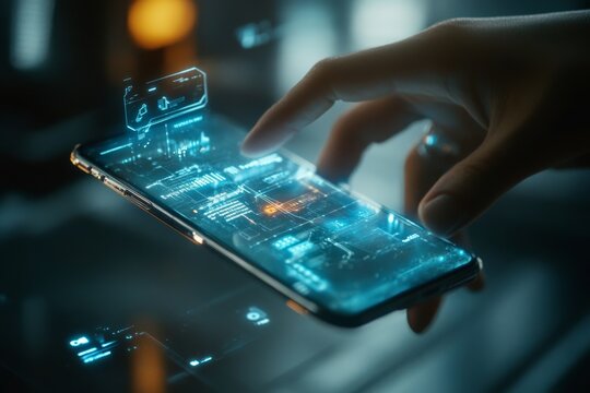 close-up of a hand using a smartphone with a futuristic holographic interface in a modern setting