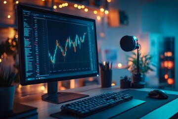 cryptocurrency analytics job, computer screen showing a crypto portfolio with rising graphs, indicating successful investments