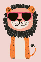 Cool lion wearing stylish sunglasses on a pink background.