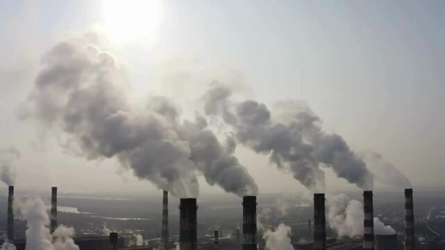 Factory smoke stacks release emissions into the atmosphere pollution