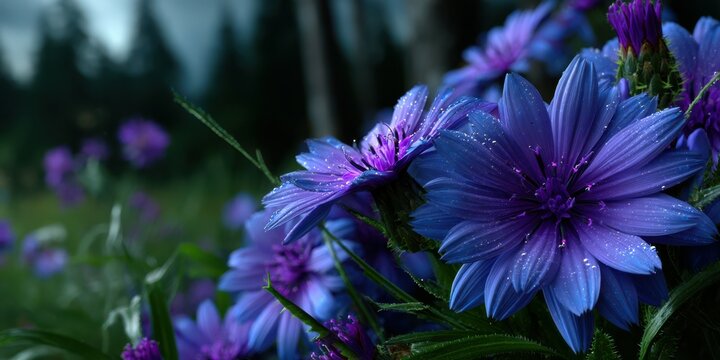 Vibrant purple wildflowers bloom in a lush meadow surrounded by tall trees on a cloudy day