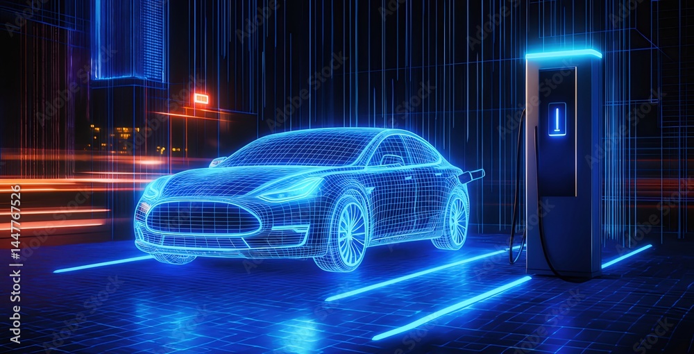Aufkleber デジタル化された電気自動車が未来の都市の夜間に充電ステーションで光を放つ青い光で輝く