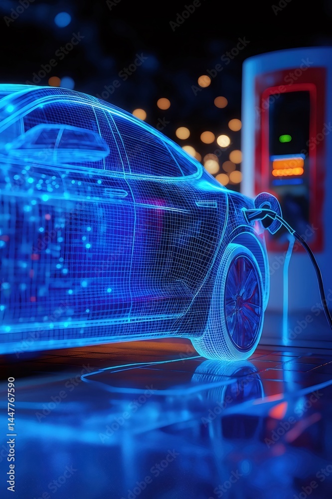 Aufkleber 青色のデジタル化された電気自動車が充電ステーションで充電する未来的なシーン