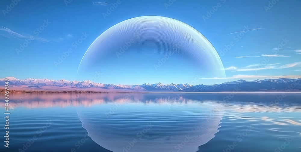 Poster 未来的な風景 巨大な球体の構造と湖面の反射 青い空と雲 自然の風景