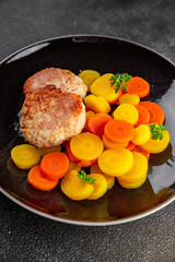 Vegetarian cutlets and boiled carrots in a bowl natural food vegetables dish organic fresh gourmet food background on the table rustic food top view copy space keto paleo diet vegetarian vegan food