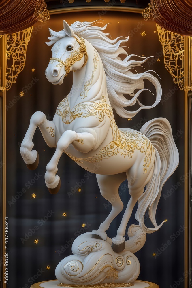 Aufkleber 白い馬の彫刻 金色の装飾と背景の雲 立っている像 美しい芸術作品