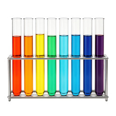 Spectrum of vibrant colored liquid solutions within multiple glass test tubes held securely in a metal rack.
