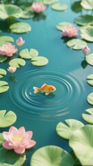 Goldfish Swimming in a Pond with Lily Pads