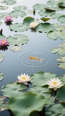 A goldfish swimming among lily pads and lotus flowers in a pond