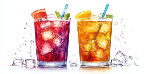 Refreshing summer drinks served over ice with vibrant colors and fruity garnishes